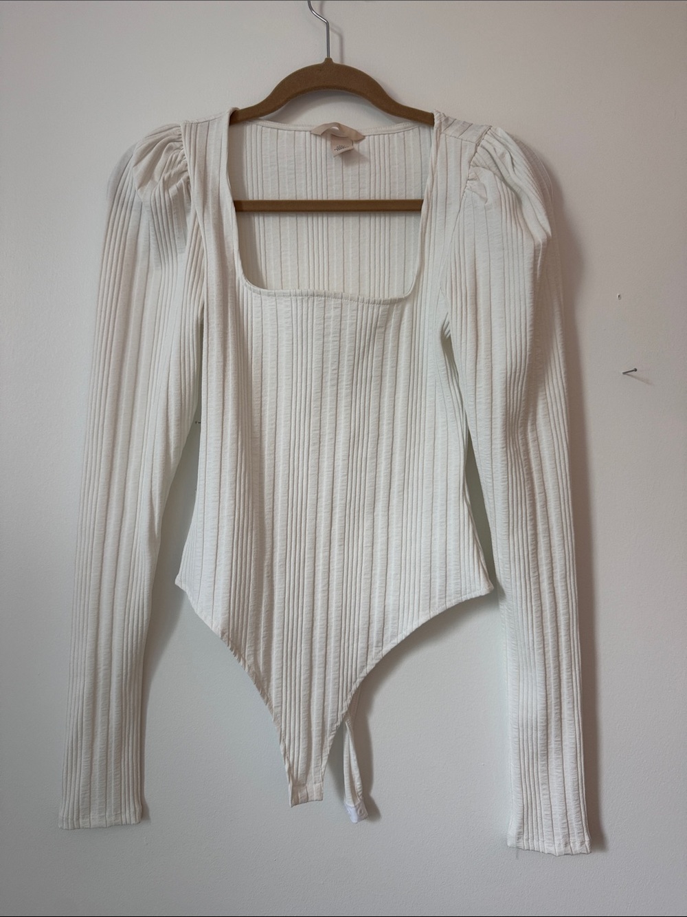 Forever 21 White Ribbed Long-Sleeve Square Neck Bodysuit